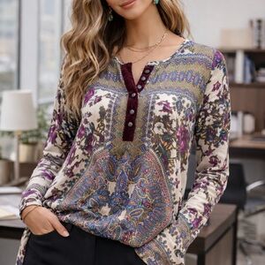 Soft Surroundings Boho Mixed Print Tunic Top Long Sleeve Size M